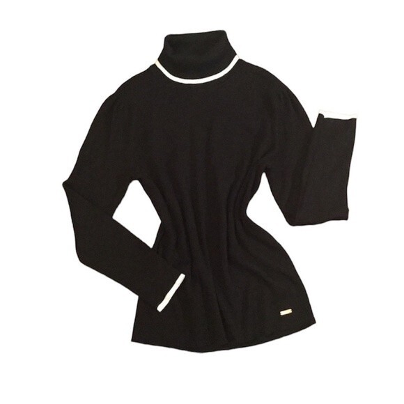 Calvin Klein Black Turtleneck Sweater With White Trim on Collar & Sleeves Size L - Picture 1 of 6